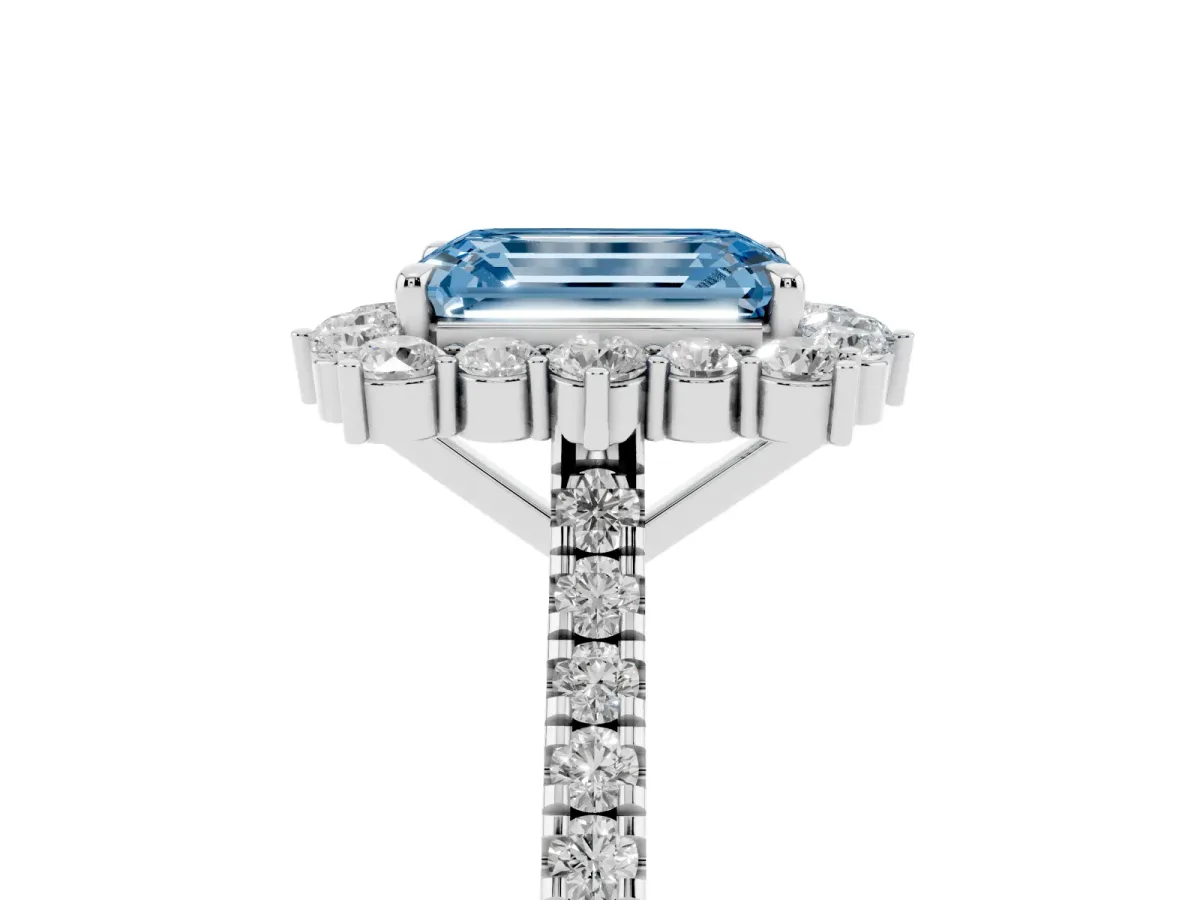 Fancy Blue Emerald Cut Halo Diamond Ring with Pavé Band and Prong Setting Silver