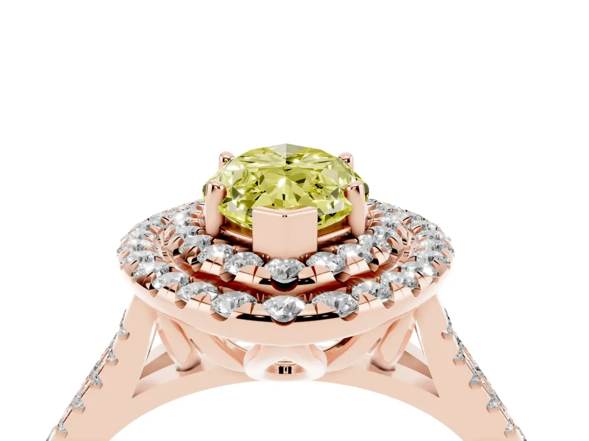 Fancy Yellow Double Halo Marquise Cut Diamond Pavé Split Shank Ring with Prong Setting Rose gold