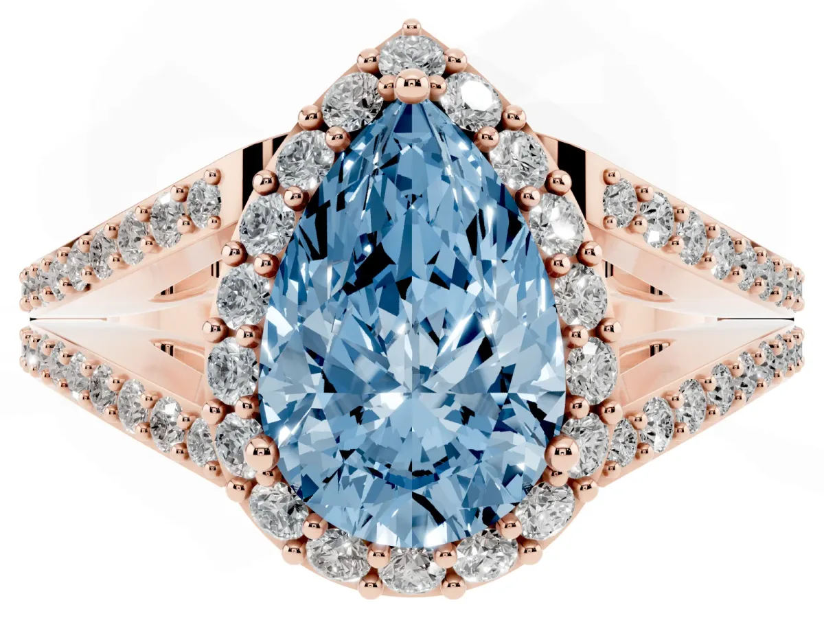 Fancy Blue Pear Cut Halo Split Shank Pave Diamond Ring with Four-Prong Setting Rose gold