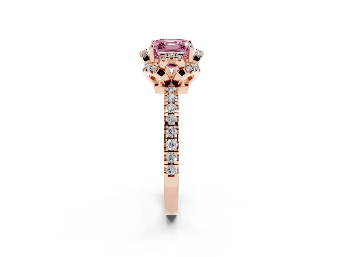 Fancy Pink Asscher Cut Halo Diamond Pave Band Ring with Four-Prong Setting Rose gold