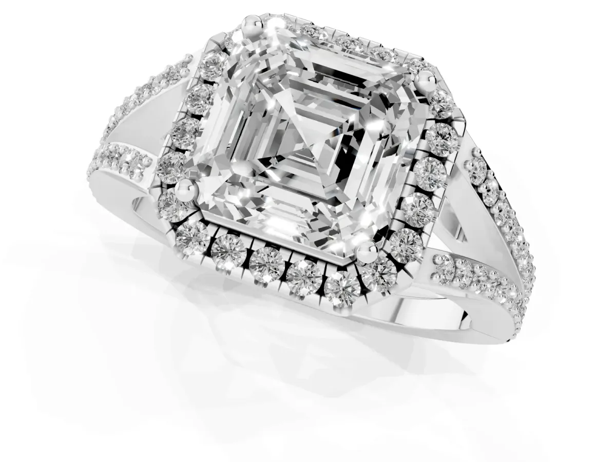 Asscher Cut Halo Split Shank Diamond Ring with Prong Setting Platinum