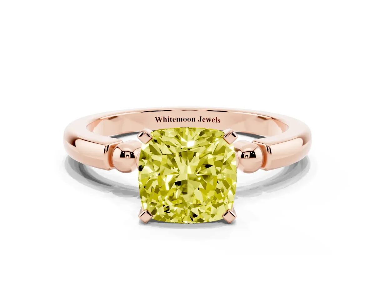 Fancy Yellow Cushion Cut Solitaire Beaded Band with Four-Prong Setting Rose gold