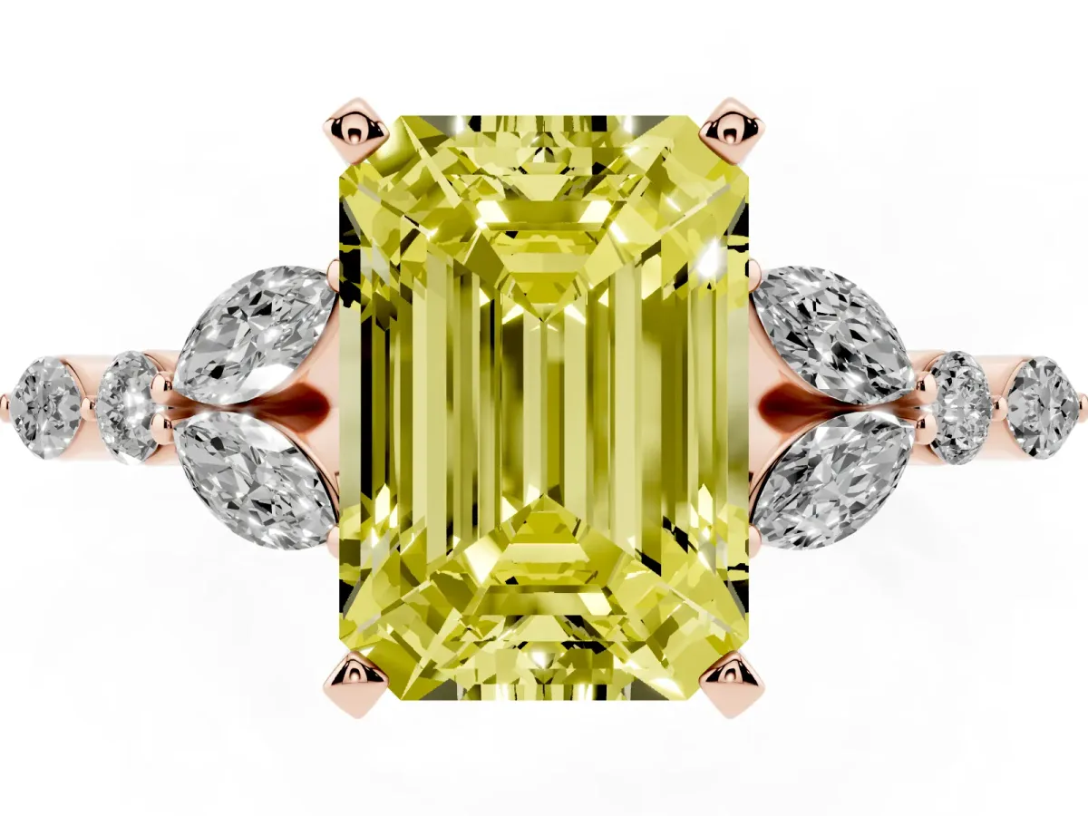 Fancy Yellow Emerald Cut Diamond Solitaire Ring with Side Stones and Four-Prong Setting Rose gold