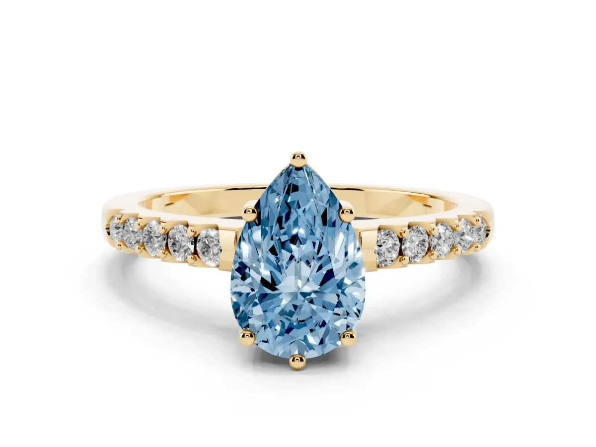 Fancy Blue Pear Cut Solitaire Diamond Engagement Ring with Pavé Band and Six-Prong Setting Yellow gold