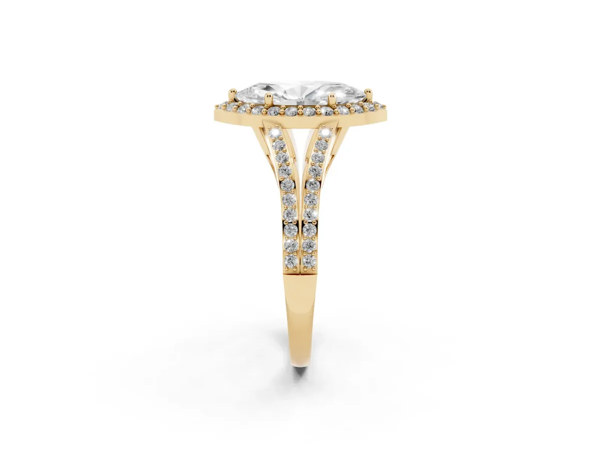 Marquise Cut Halo Split Shank Pave Diamond Ring with Four-Prong Setting Yellow gold