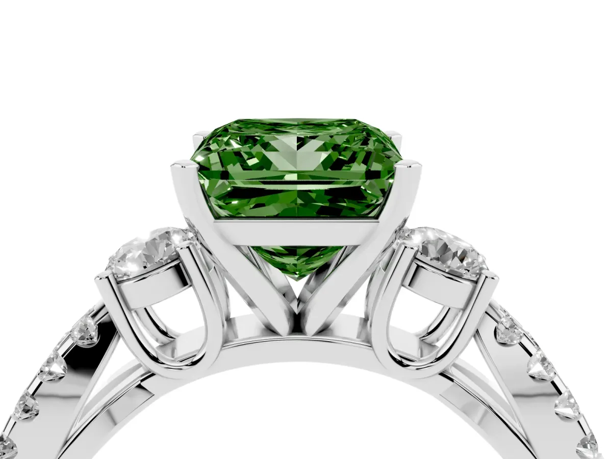 Fancy Green Princess Cut Diamond Three-Stone Ring with Pavé Split Shank and Four-Prong Setting Platinum