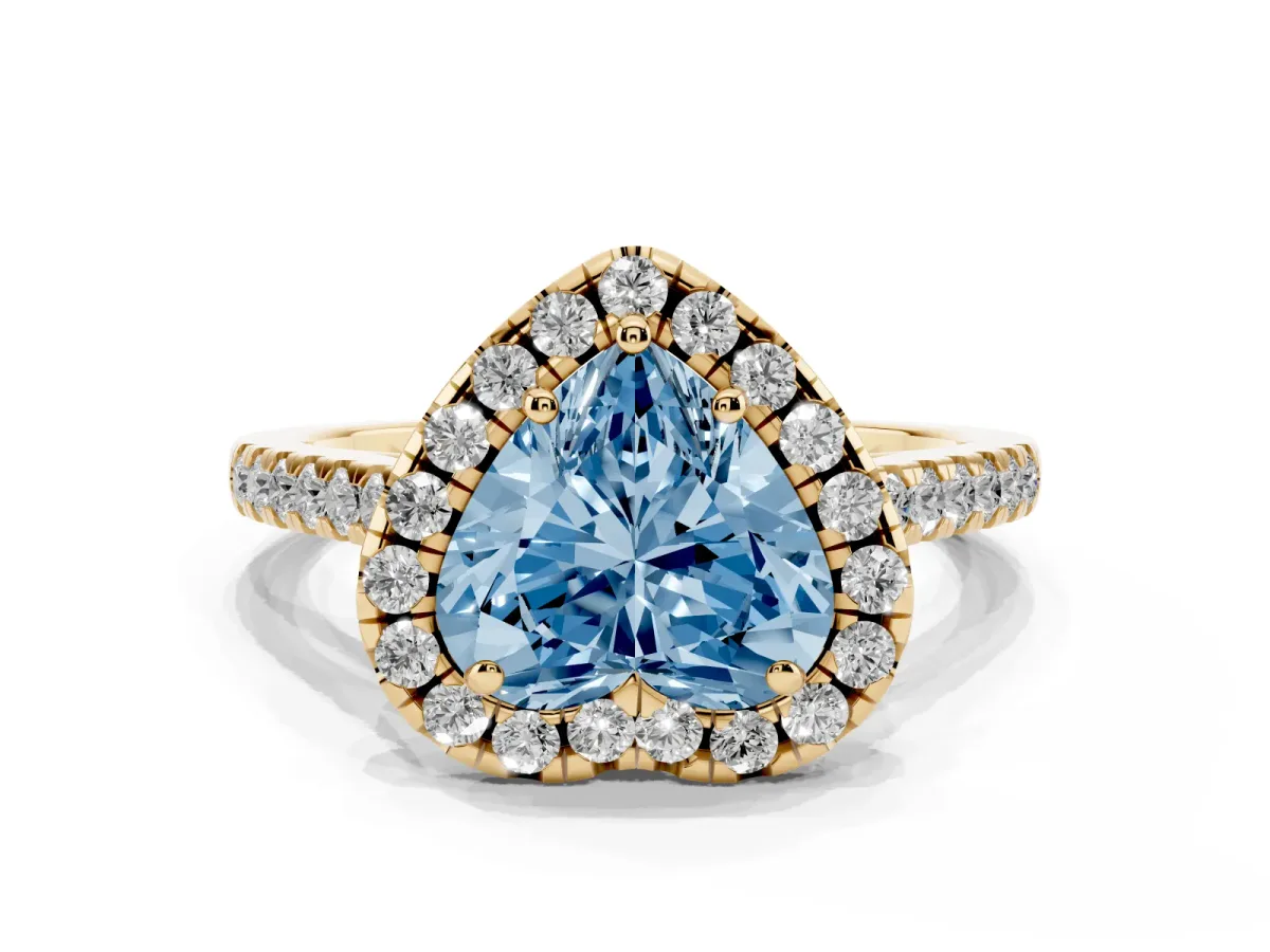 Fancy Blue Heart Cut Halo Pavé Diamond Engagement Ring with Four-Prong Setting Yellow gold