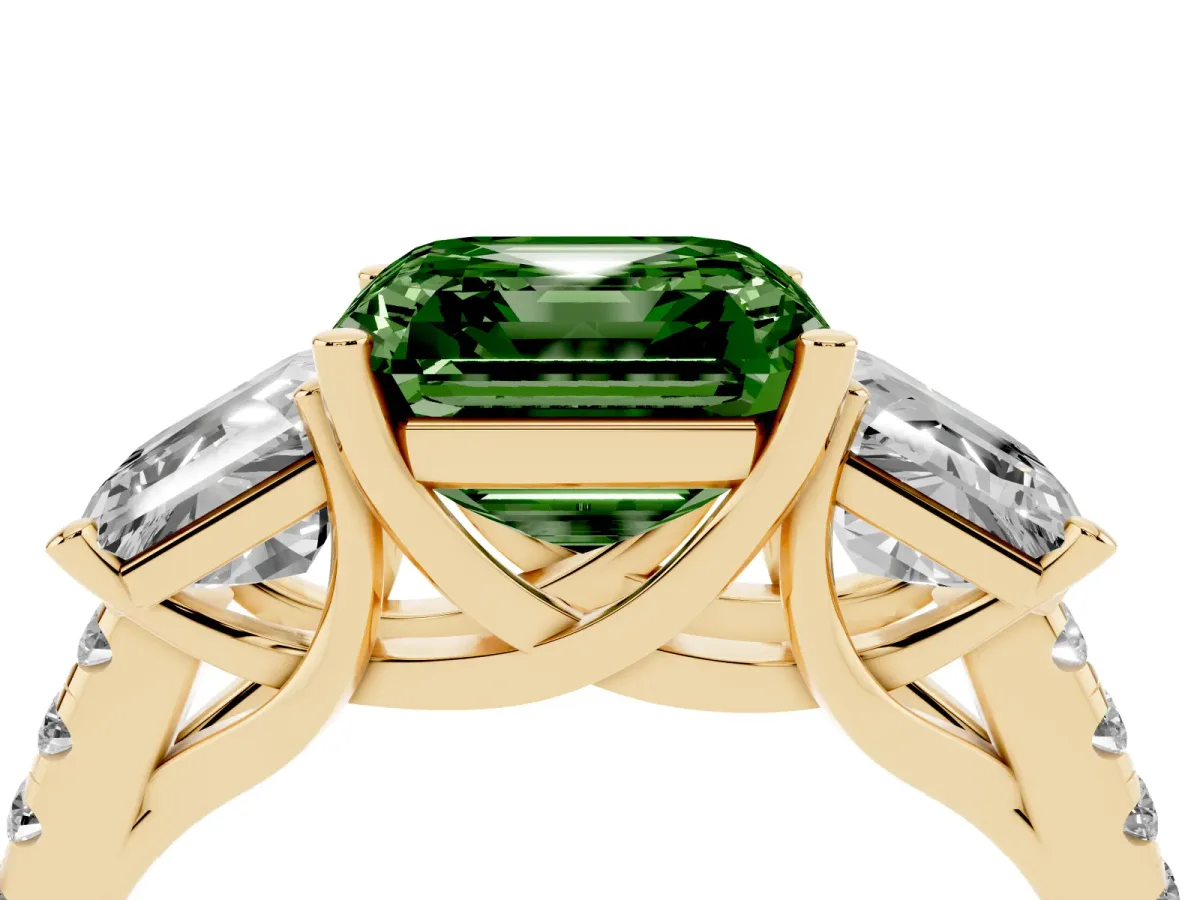 Fancy Green Three-Stone Asscher Cut Diamond Ring with Round Pavé Band and Prong Setting Yellow gold