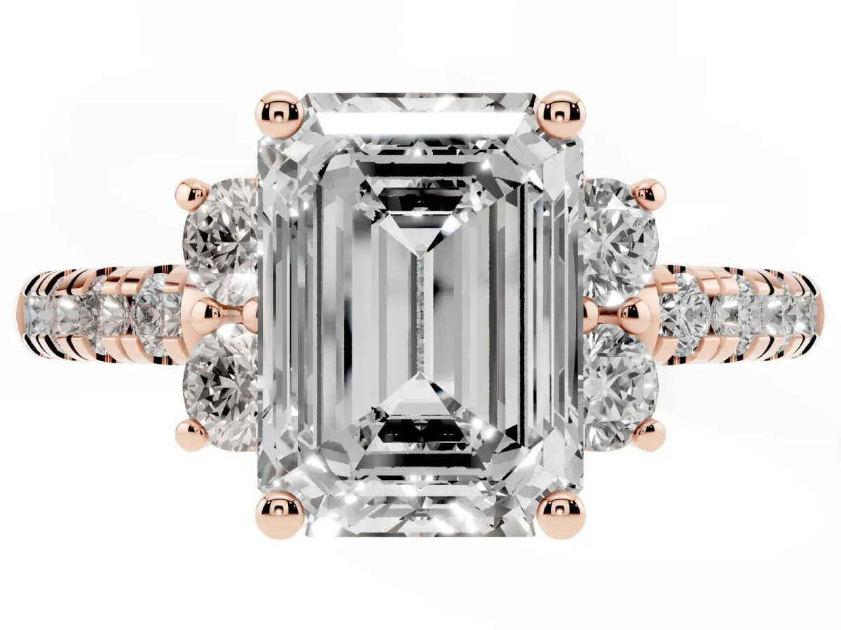 Emerald Cut Diamond Three-Stone Pave Band with Four-Prong Setting Rose gold