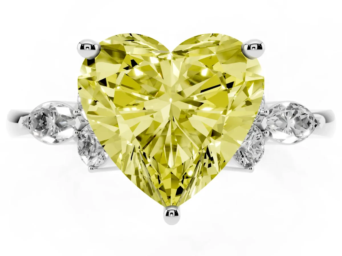 Fancy Yellow Heart Cut Brilliant Diamond Solitaire Ring with Pear Side Stones and Four-Prong Setting Silver