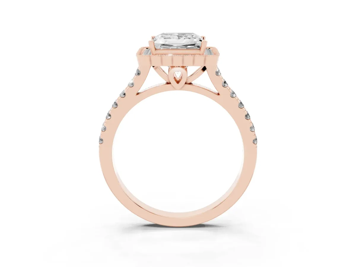 Princess Cut Cut Diamond Milgrain Floral Halo Engagement Ring with Pavé Band Rose gold