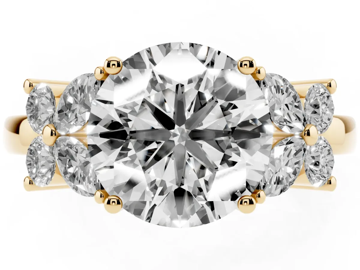 Round Cut Diamond Floral Cluster Ring with Solitaire Band and Prong Setting Yellow gold