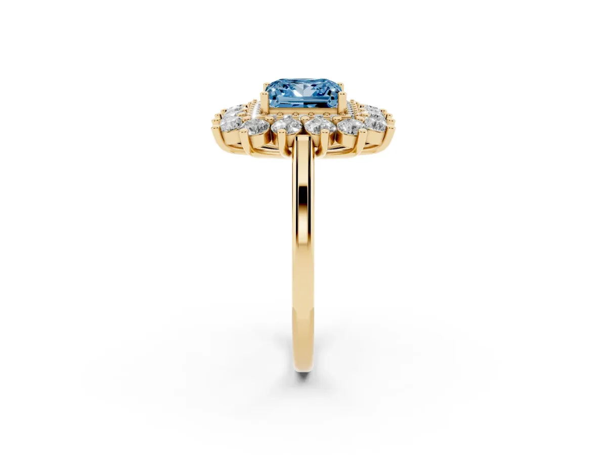 Fancy Blue Princess Cut Diamond Floral Double Halo Engagement Ring with Prong Setting Yellow gold