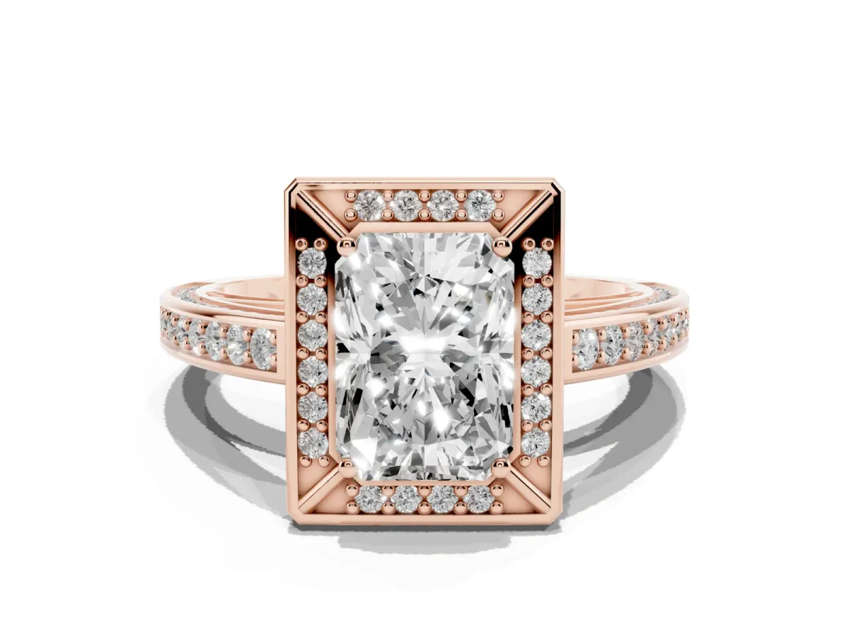 Radiant Cut Cut Halo Pave Split Shank Prong Setting Ring Rose gold