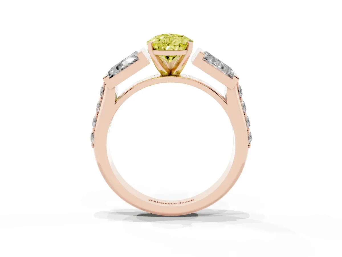 Fancy Yellow Pear Cut Diamond Engagement Ring with Baguette Side Stones and Channel Set Band Rose gold