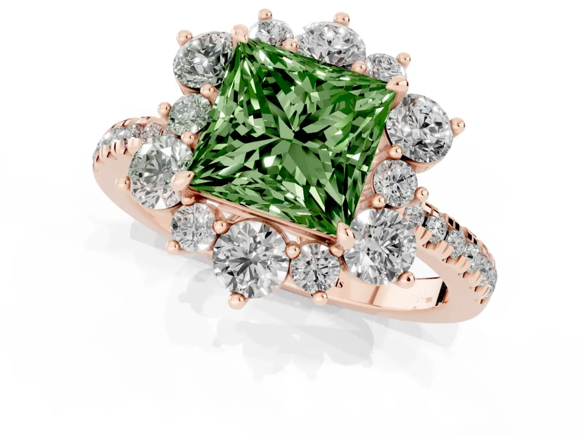 Fancy Green Princess Cut Diamond Floral Halo Ring with Round Pavé Band and Prong Setting Rose gold