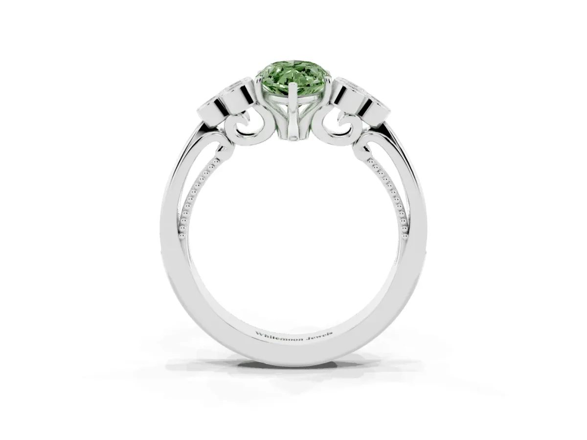 Fancy Green Marquise Cut Cut Diamond Engagement Ring with Bezel Set Round Side Stones and Prong Setting Silver