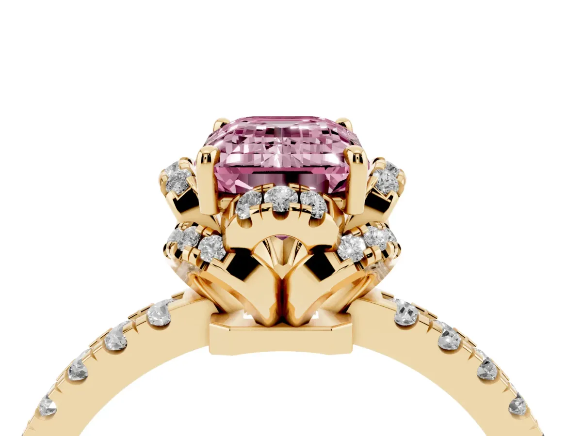 Fancy Pink Emerald Cut Halo Diamond Pave Band Ring with Four-Prong Setting Yellow gold