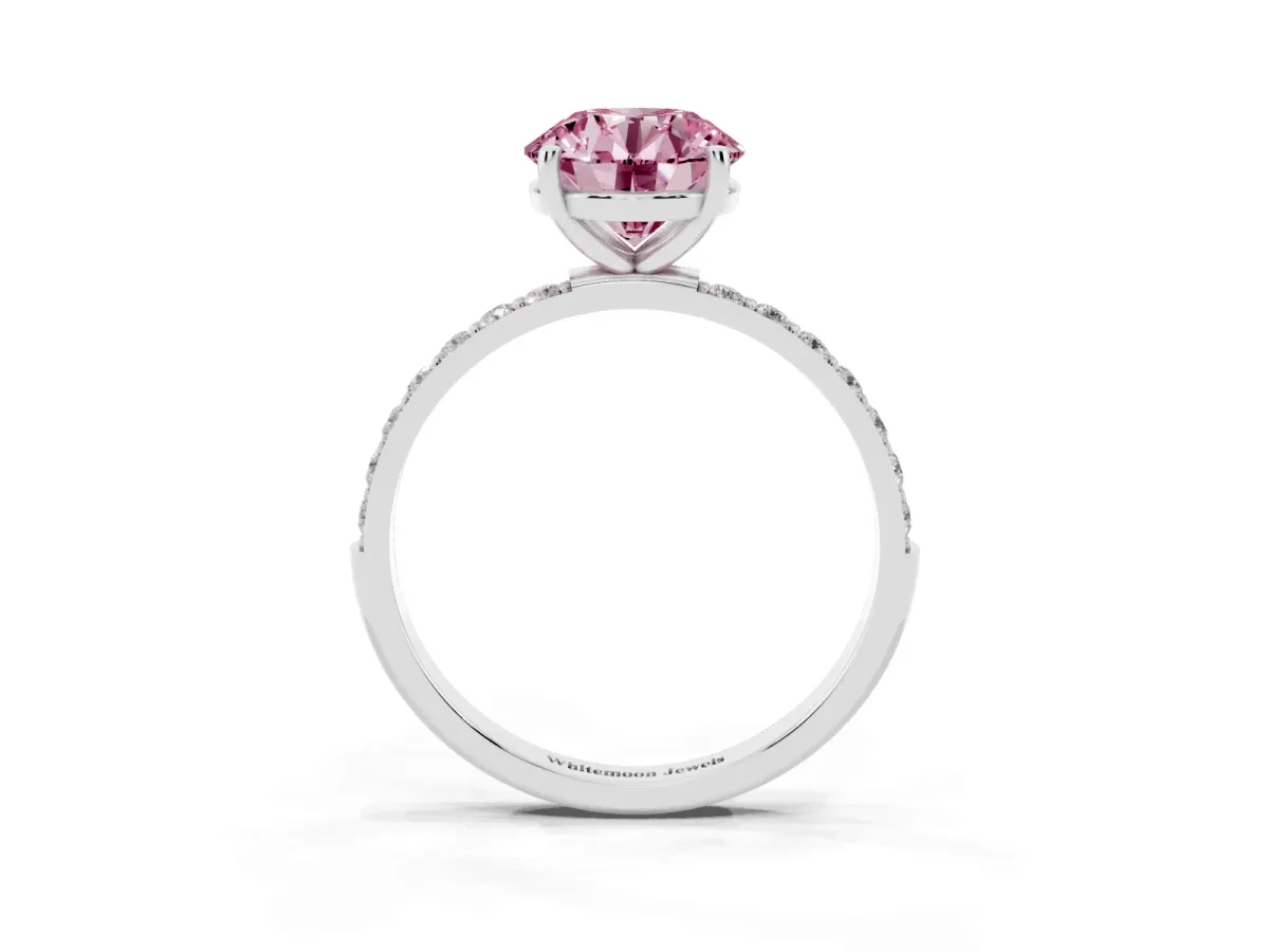 Fancy Pink Round Cut Diamond Solitaire Ring with Round Pavé Shoulders and Prong Setting Silver