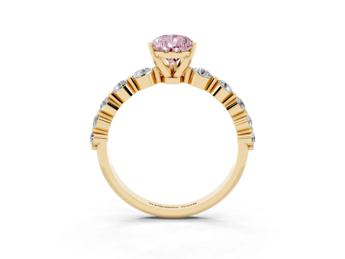 Fancy Pink Pear Cut Solitaire Diamond Ring with Pave Band and Four-Prong Setting Yellow gold