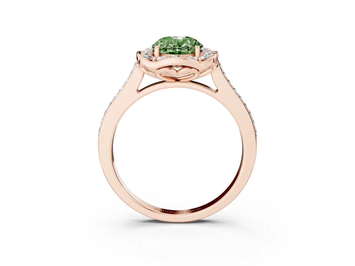 Fancy Green Oval Cut Halo Round Diamond Pave Band with Four-Prong Setting Rose gold