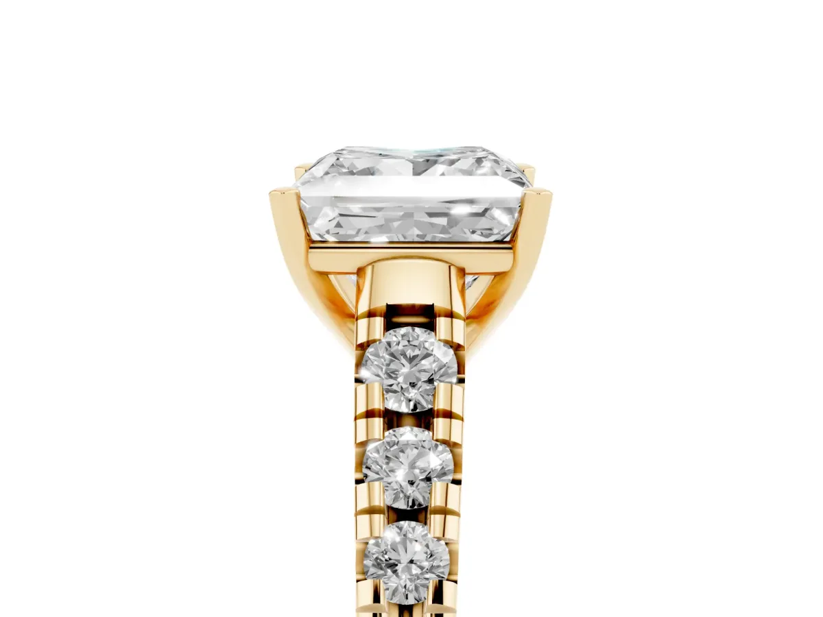 Princess Cut Diamond Cathedral Solitaire Ring with Round Pavé Band Yellow gold