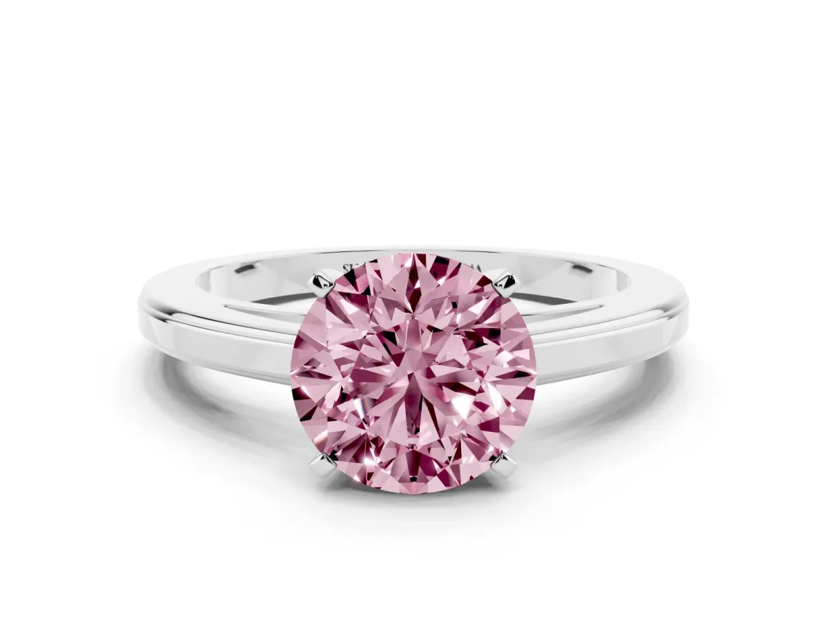 Fancy Pink Round Cut Solitaire Diamond Ring with Four-Prong Setting and Classic Band Platinum
