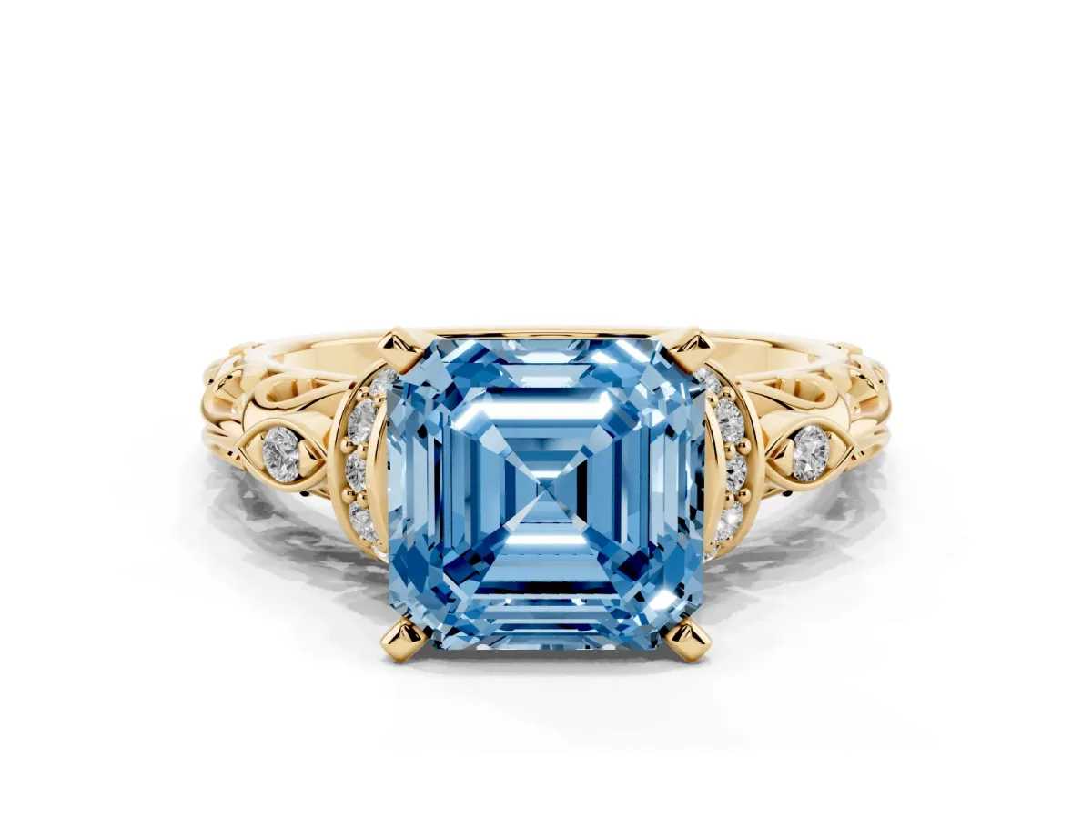 Fancy Blue Asscher Cut Diamond Solitaire Ring with Filigree Band and Four-Prong Setting Yellow gold