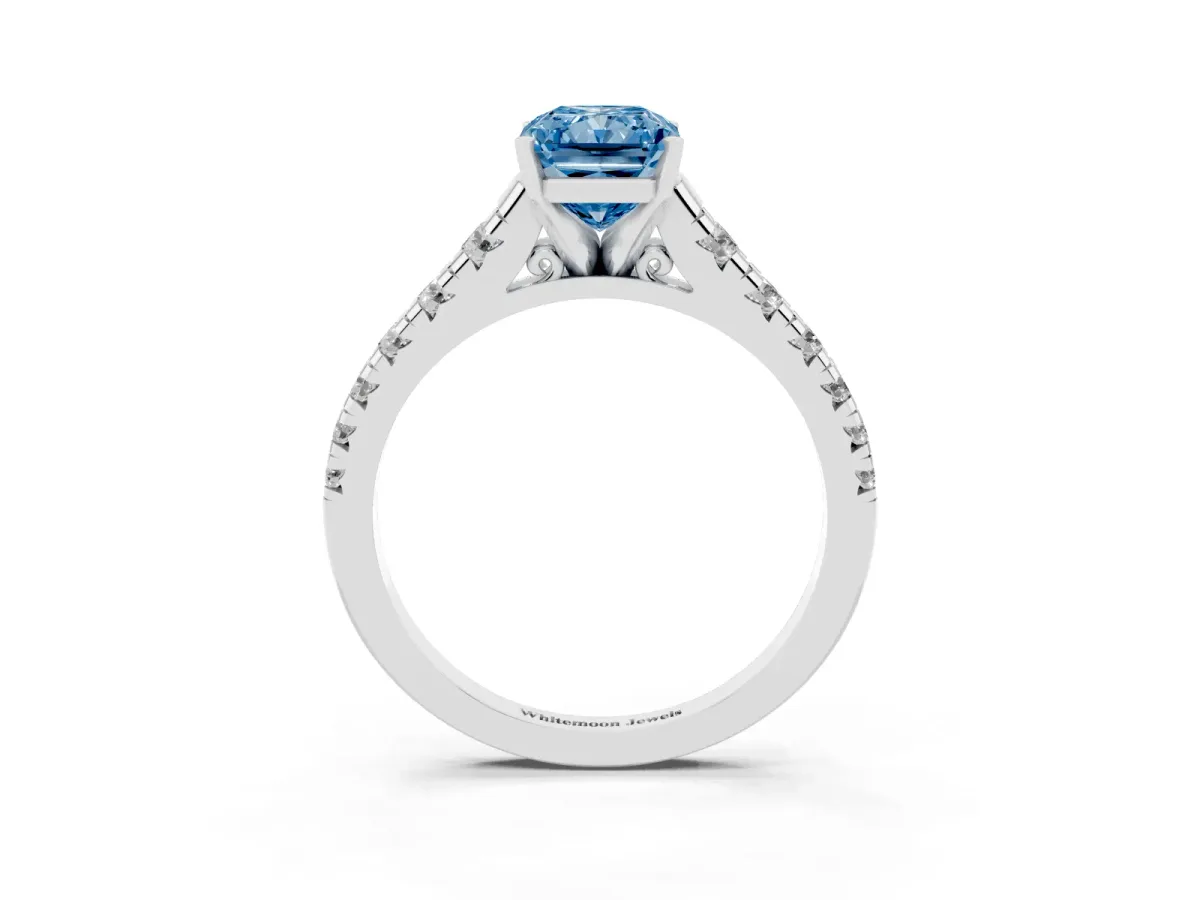 Fancy Blue Radiant Cut Diamond Cathedral Solitaire Ring with Round Pavé Band Silver
