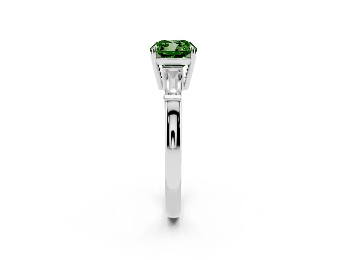 Fancy Green Cushion Cut Diamond Three-Stone Ring with Tapered Baguette Side Stones and Prong Setting Silver