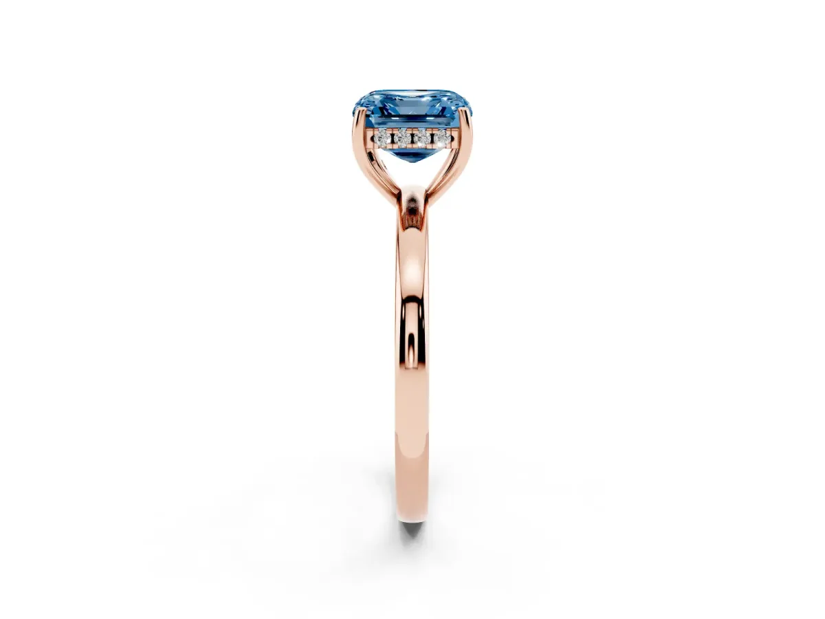 Fancy Blue Asscher Cut Solitaire Diamond Ring with Prong Setting and Plain Band Rose gold