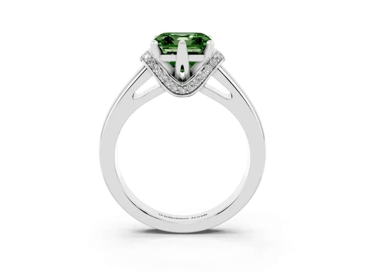 Fancy Green Asscher Cut Solitaire Diamond Ring with Pave Band and Six-Prong Setting Platinum
