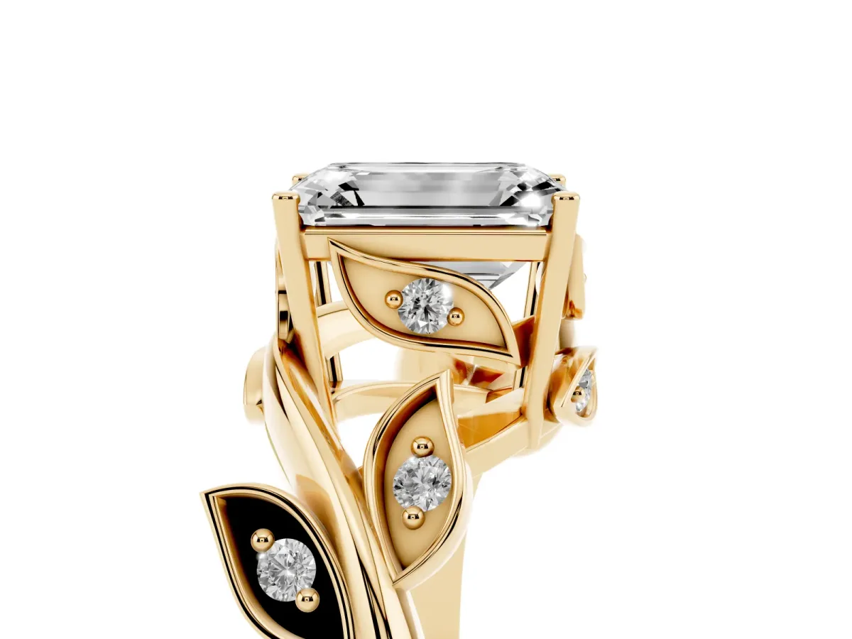 Emerald Cut Solitaire Twist Engagement Ring with Leaf Accents and Prong Setting Yellow gold