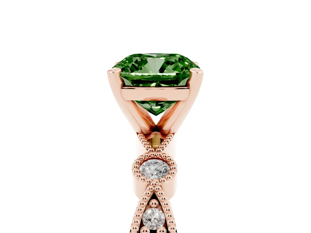 Fancy Green Cushion Cut Milgrain Bezel Diamond Engagement Ring with Solitaire Prong Setting Rose gold