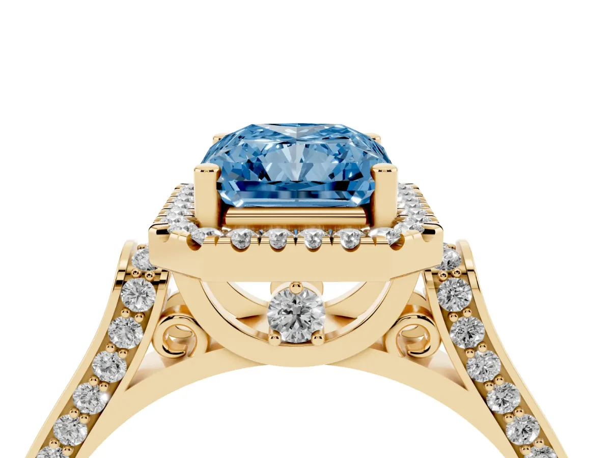 Fancy Blue Radiant Cut Halo Pave Split Shank Prong Setting Ring Yellow gold