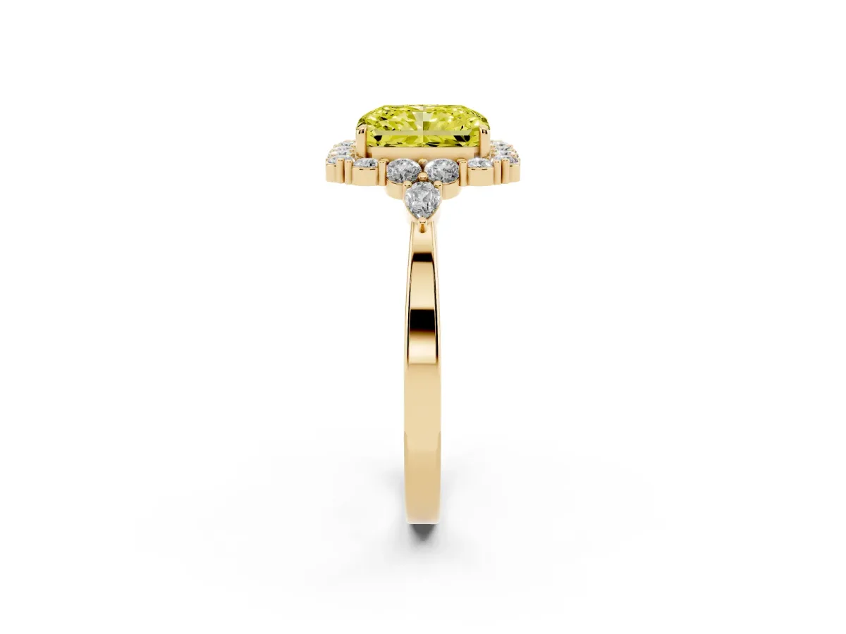 Fancy Yellow Radiant Cut Diamond Halo Ring with Pear Side Stones and Prong Setting Yellow gold