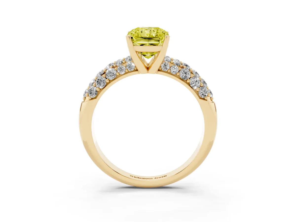 Fancy Yellow Radiant Cut Diamond Pavé Band Solitaire Ring with Four-Prong Setting Yellow gold