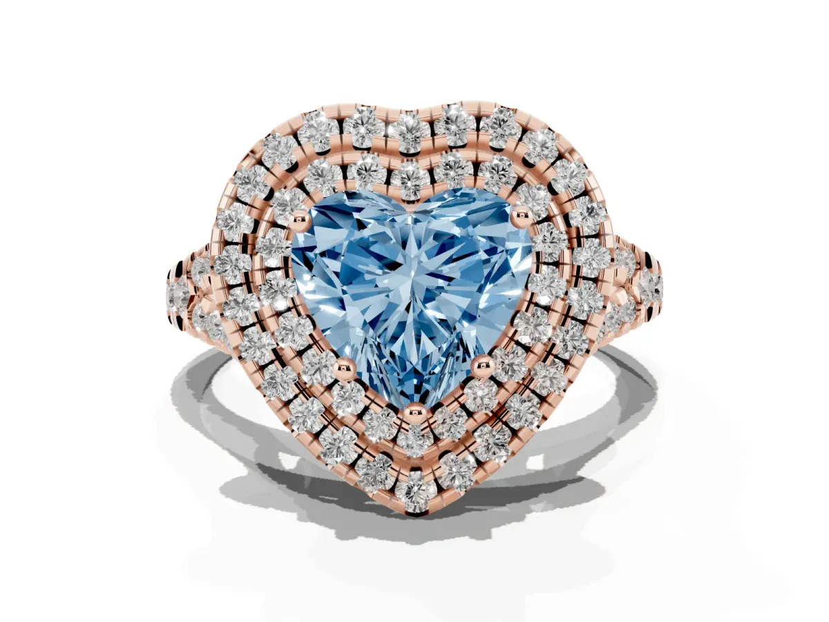 Fancy Blue Double Halo Heart Cut Diamond Pavé Split Shank Ring with Prong Setting Rose gold