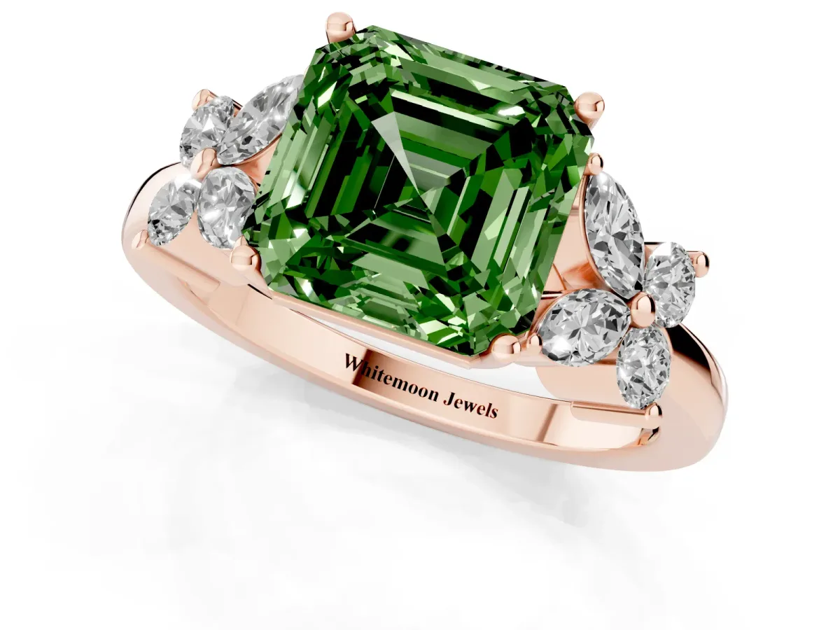 Fancy Green Asscher Cut Diamond Floral Cluster Ring with Solitaire Band and Prong Setting Rose gold