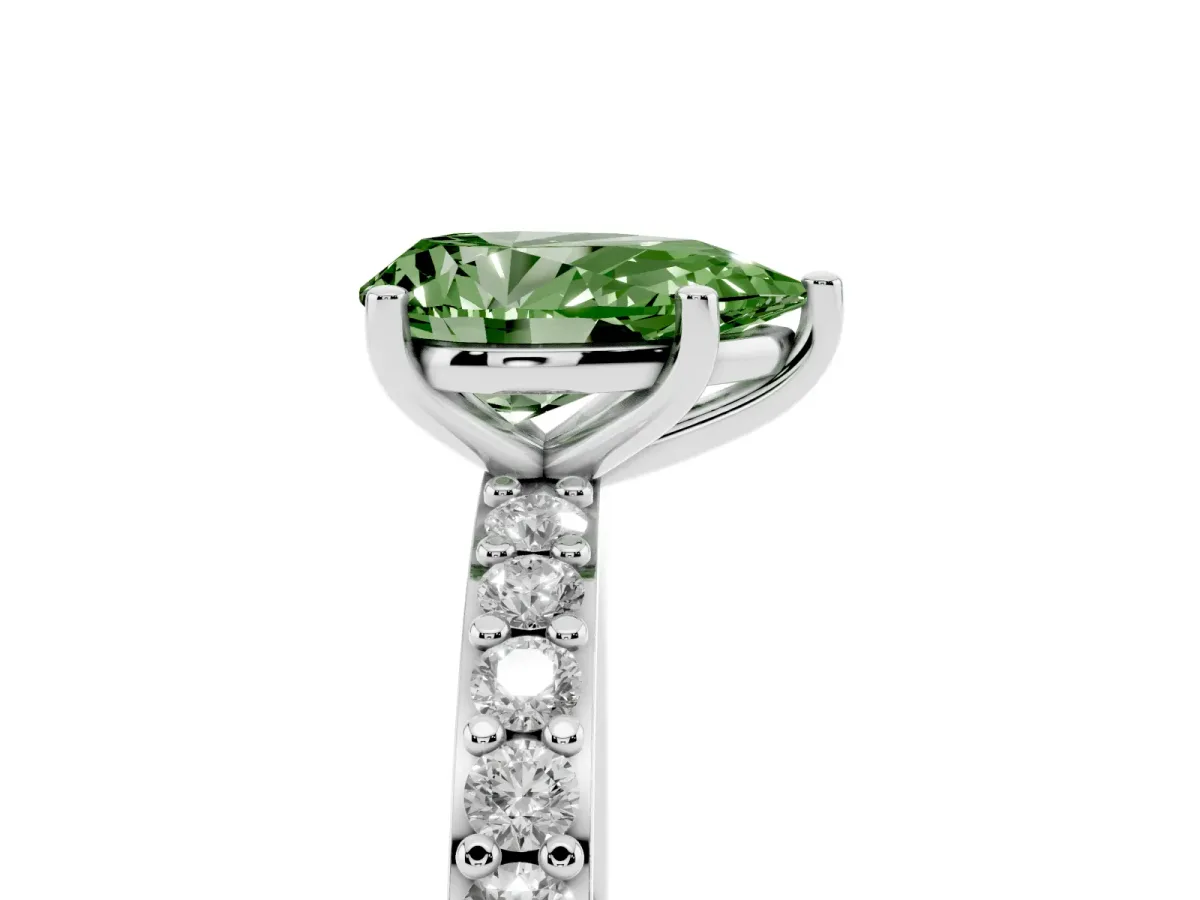 Fancy Green Pear Cut Cut Diamond Solitaire with Pave Band and Four-Prong Setting Silver