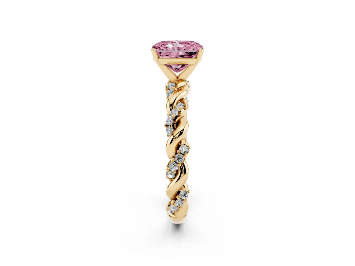 Fancy Pink Radiant Cut Diamond Solitaire Ring with Twisted Band and Pavé Accents Yellow gold