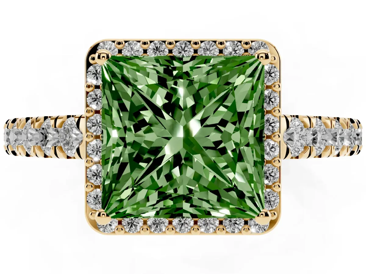 Fancy Green Princess Cut Cut Halo Diamond Engagement Ring with Pave Band and Four-Prong Setting Yellow gold