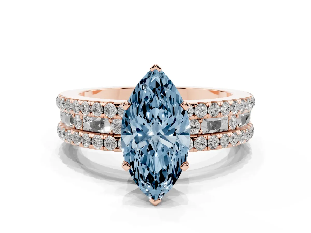 Fancy Blue Marquise Cut Diamond Solitaire Ring with Pavé and Channel Set Band Rose gold