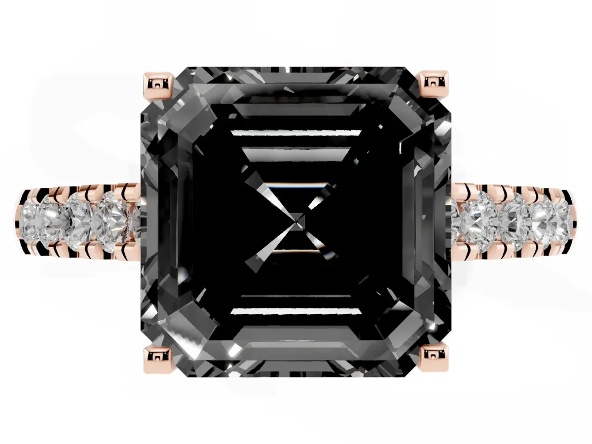 Fancy Black Asscher Cut Diamond Pavé Band Solitaire Ring with Prong Setting Rose gold