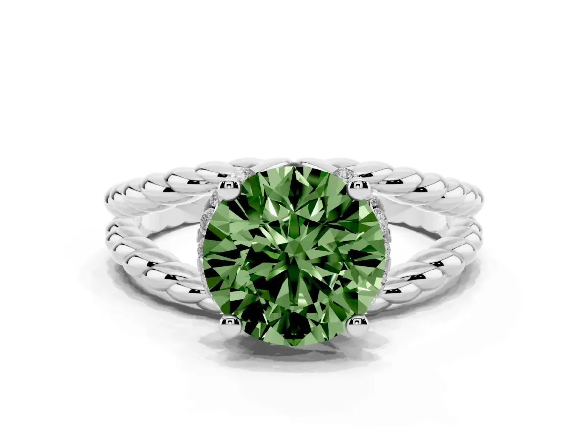 Fancy Green Round Cut Halo Twisted Band Four-Prong Ring Silver