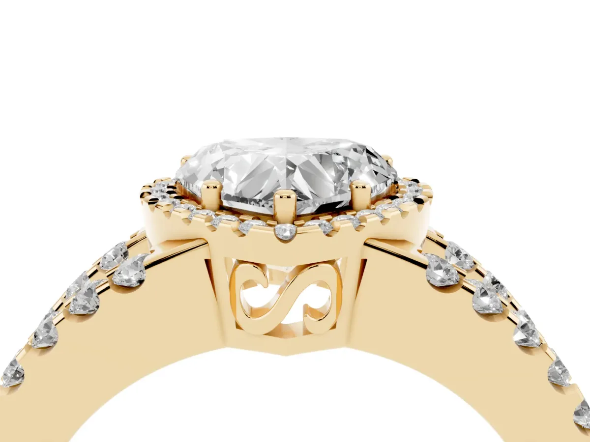 Heart Cut Cut Halo Split Shank Diamond Ring with Four-Prong Setting Yellow gold