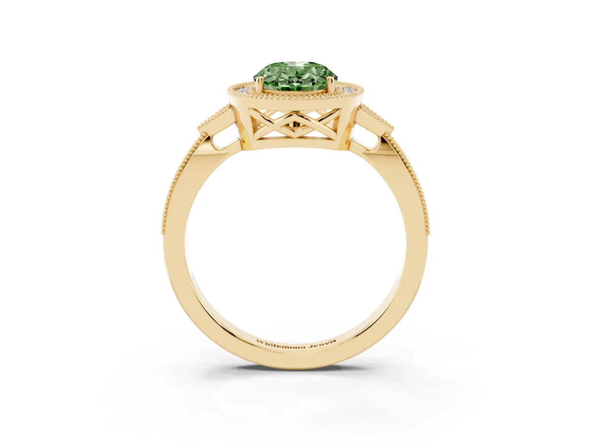 Fancy Green Oval Cut Halo Round Diamond Milgrain Pave Engagement Ring Yellow gold