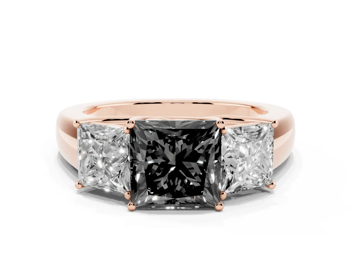 Fancy Black Three-Stone Princess Cut Cut Diamond Ring with Prong Setting and Classic Band Rose gold