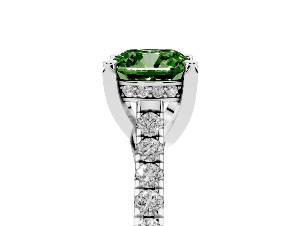 Fancy Green Cushion Cut Brilliant Diamond Solitaire with Pavé Band and Four-Prong Setting Silver