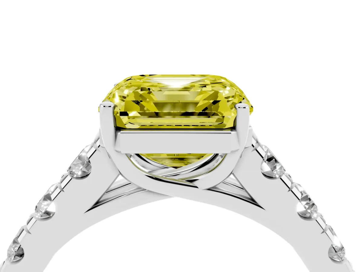 Fancy Yellow Asscher Cut Cut Diamond Solitaire Ring with Micro Pave Band and Prong Setting Silver